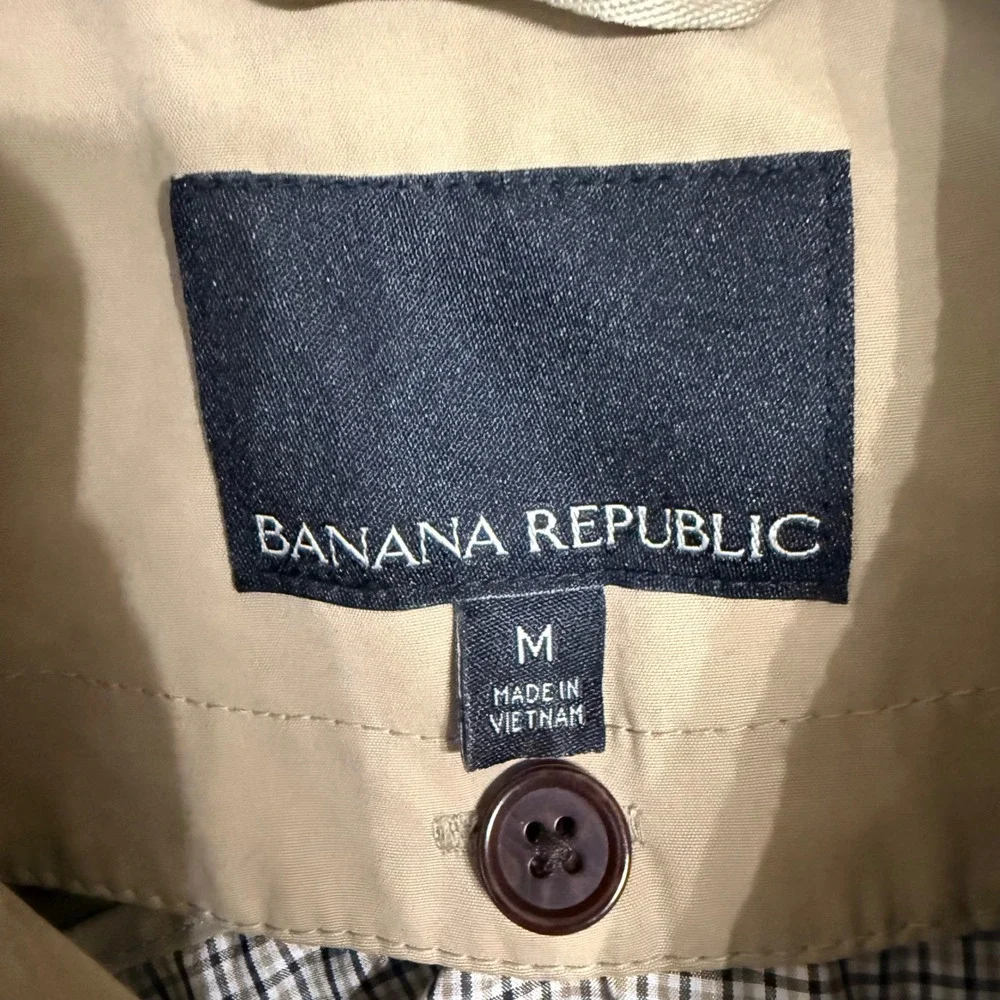 Banana Republic Mens Khaki Double Breasted Trench Coat Belted Plaid Lining M